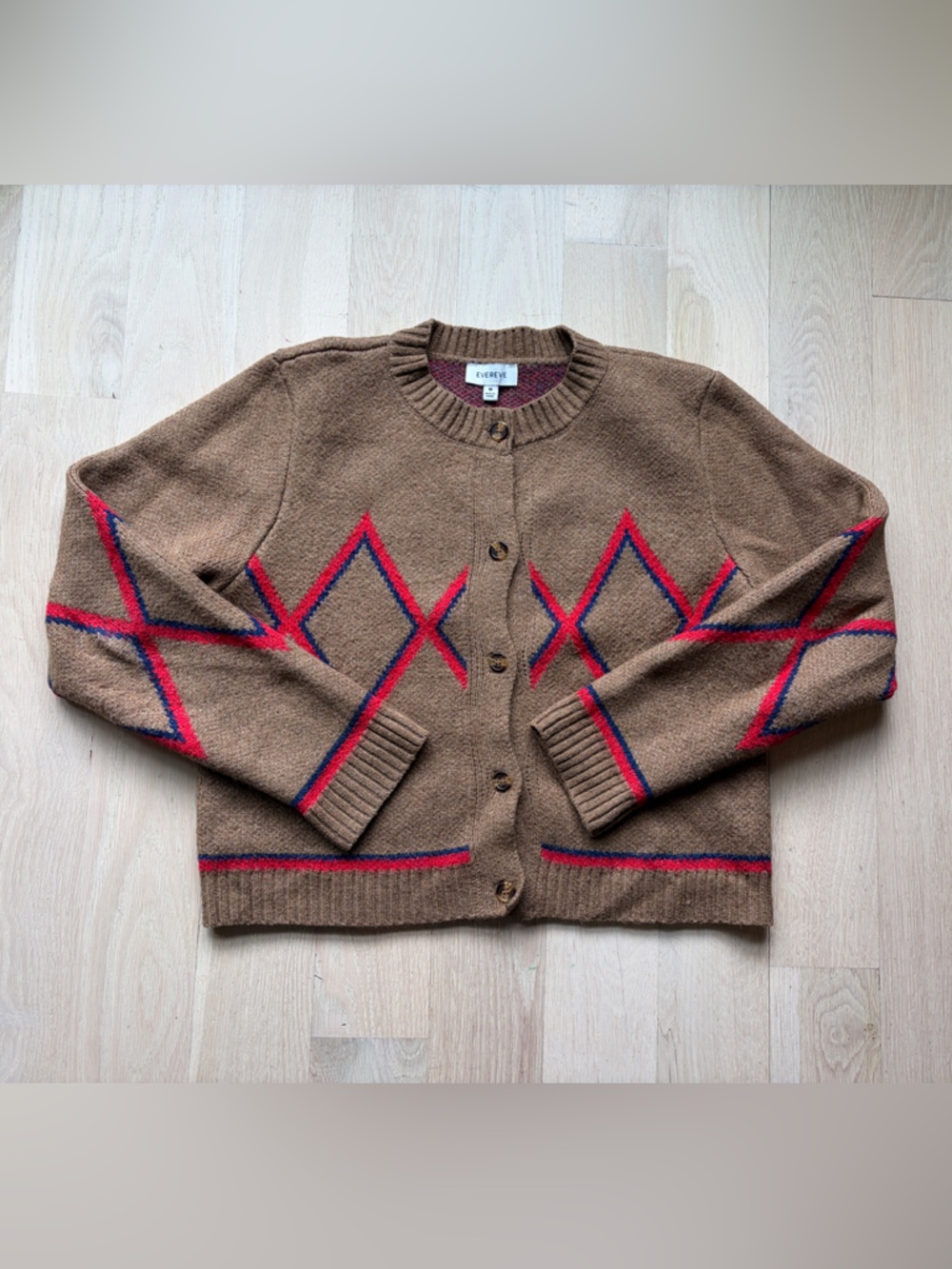 Brown Cardigan with Red & Navy Diamond Pattern